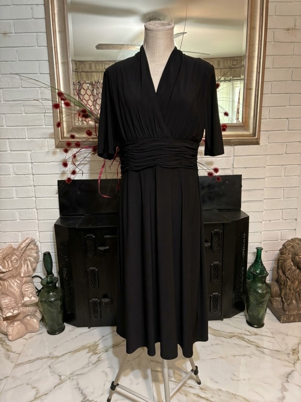 Evan-Picone Black Faux Wrap Matte Jersey Ruched Midi Dress Size 14